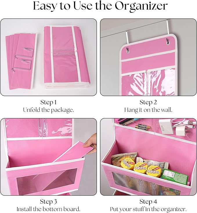 Over Door Organizer with 4 Large Capacity Pockets, Hanging Organizer Storage for Closet Bathroom Nursery Bedroom Dorm, Toys Cosmetics Sundries and Baby Essentials, Pink