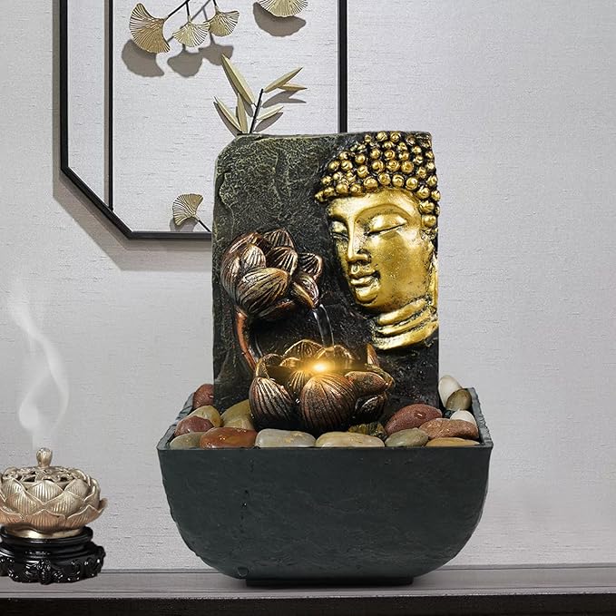Ferrisland Tabletop Buddha & Lotus Waterfall Fountain with LED Light, Perfect for Zen Home & Office Decor(Gold)