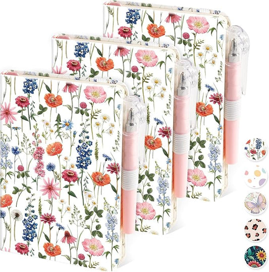 (3 Pack) Small Notebook Pocket Journal with Pen, A6 (3.7" x 5.7"), Aesthetic Floral Mini Notebooks for Women Writing, Leather Note Book with 400 Pages 100GSM Lined Paper
