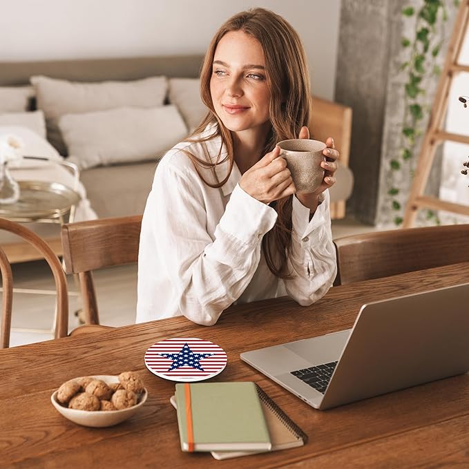American Stars & Stripes Coasters Set of 4, Round 4" Absorbent Ceramic Stone Coasters with Cork Base, Ideal Table Home Decor & Gifts
