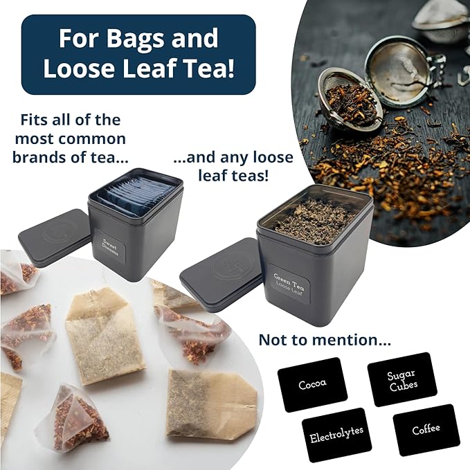AllSpice Tea Organizer Rack with 9 Tins & 160 Magnetic Labels – Perfect for Bagged & Loose Leaf Tea Organization - Black