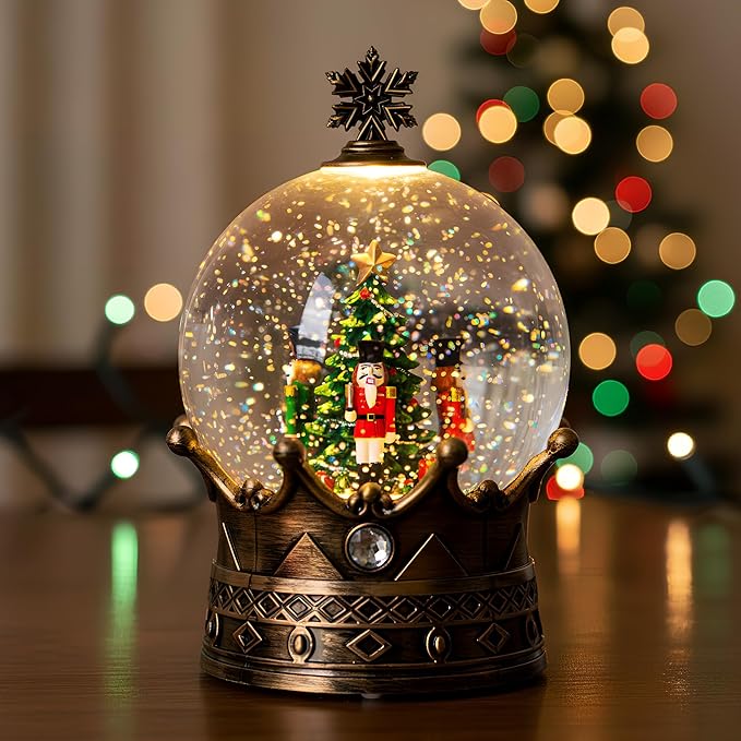 Nutcracker Snow Globe, Musical Crown Water Lantern with Swirling Glitter with Swirling Glittering Christmas Home Decoration and Gift, Battery Operated or USB Powered