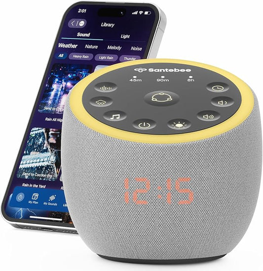 White Noise Sound Machine for Sleeping, 361 Soothing Sounds, Smart APP Control, Custom Buttons, Non Looping Natural Sounds, Bedside Dimmable Clock, Night Light, Santebee for Adults Baby Kids Lullaby