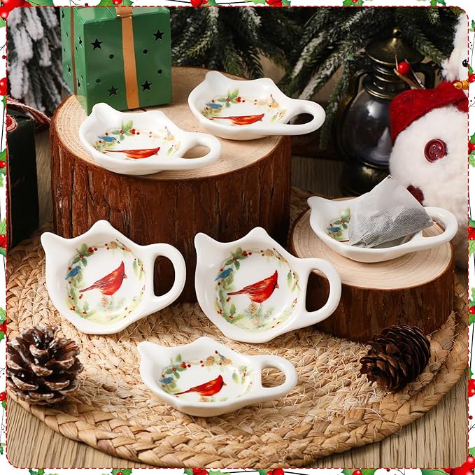 Set of 6 Christmas Winter Birds Tea Bag Holders Porcelain Ceramic Teapot Shaped Coasters Tea Bag Plate Spoon Rests Pad Saucer Seasoning Dish Set for Party Decoration Gifts, 3.7x2.75''