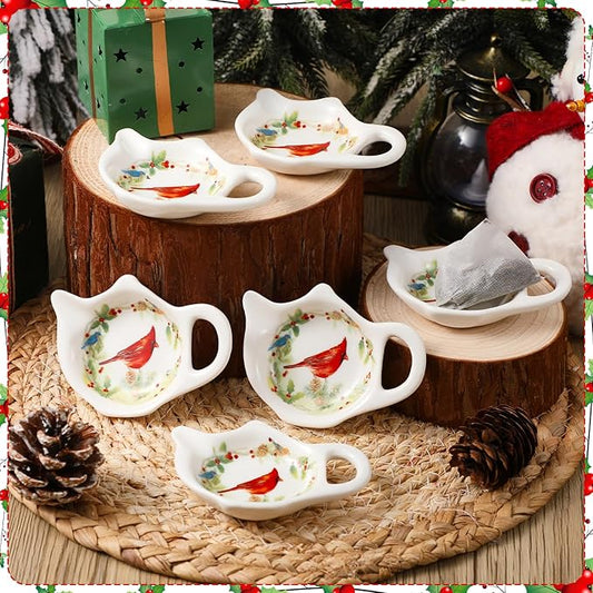 Set of 6 Christmas Winter Birds Tea Bag Holders Porcelain Ceramic Teapot Shaped Coasters Tea Bag Plate Spoon Rests Pad Saucer Seasoning Dish Set for Party Decoration Gifts, 3.7x2.75''