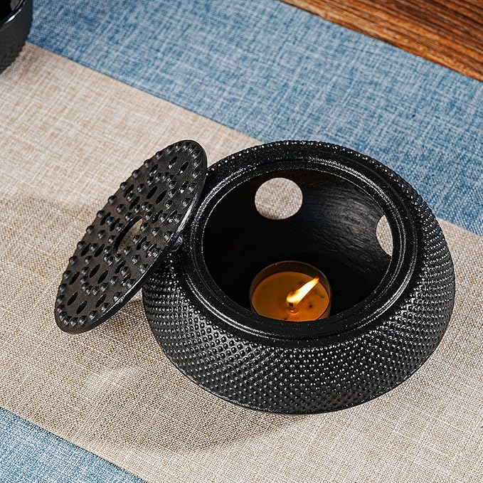 Sungmor Black Cast Iron Teapot Warmer - Japanese Tea Heater Base with Candle Holder, Heat Retaining Stand for Tetsubin or Glass & Ceramic Teapots