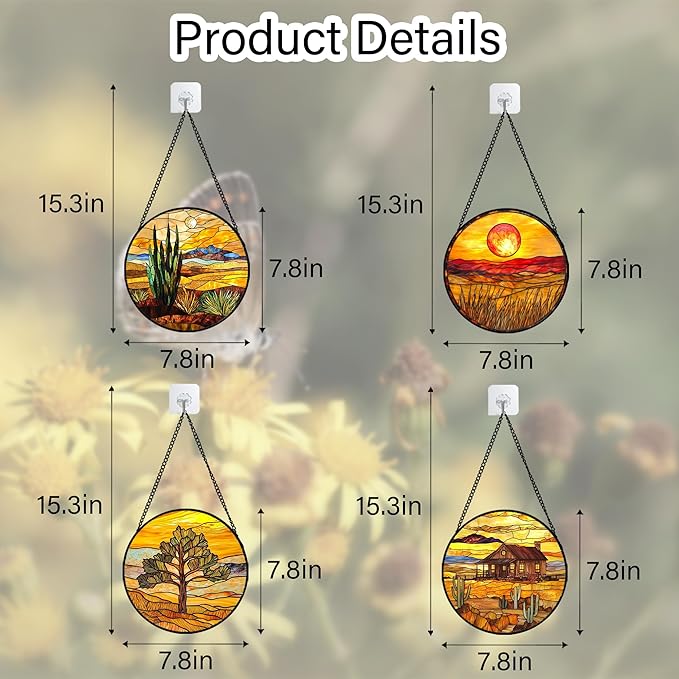 Stained Glass Window Hanging 4 Pcs Set Desert Sunset Theme Landscape 7.8" - Suncatcher Door Garden Sun Catcher Decor Birthday Christmas for Mom Woman Nana Men