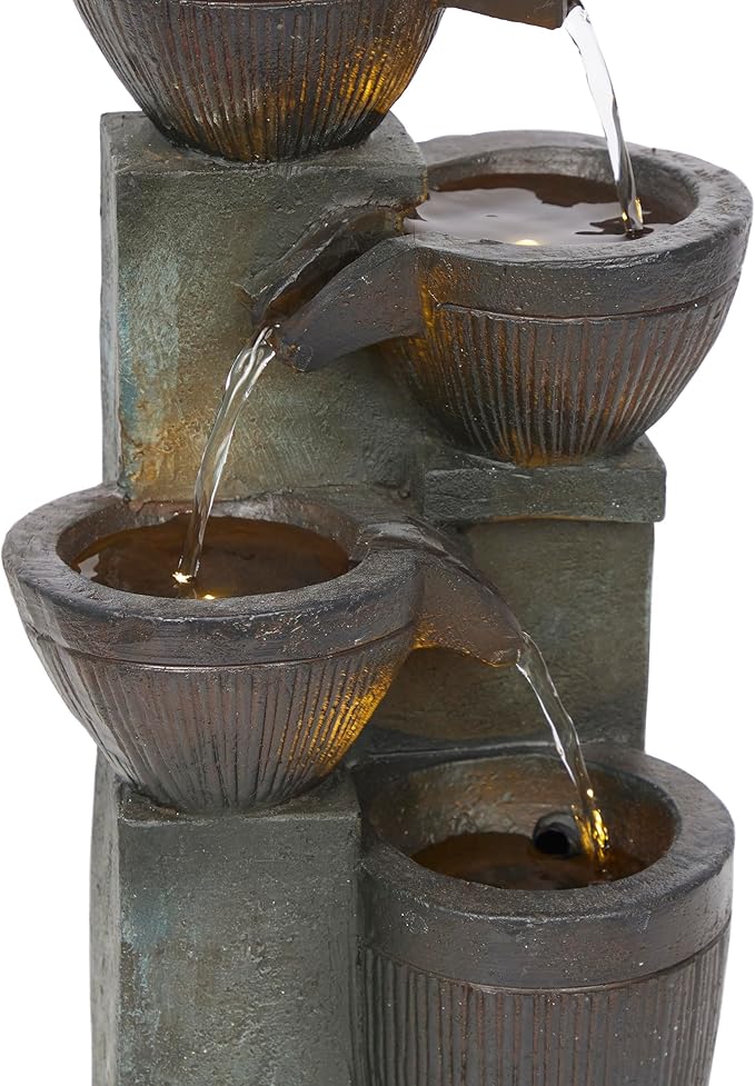 Alpine Corporation TZL416 14" Stoned Jar Water Fountain with Cascading LED Lights, Stylish Tabletop Water Feature for Home, Office, Living Room, Bedroom & Desk Decor, Gray
