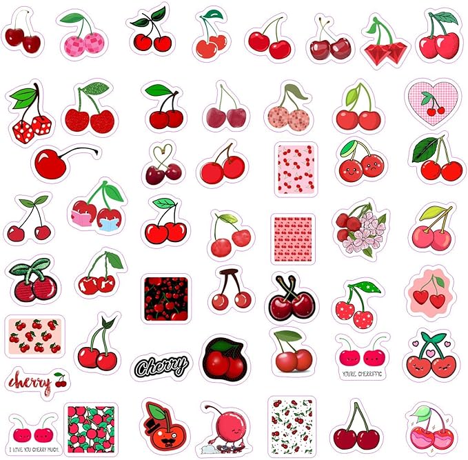 BulbaCraft Cherry Stickers for Water Bottle and Laptop - Fruit Party Favors & Decorations, Waterproof Vinyl Nature Decals, Cute Cherry Stickers Laptop Decals, Gifts for Women & Men