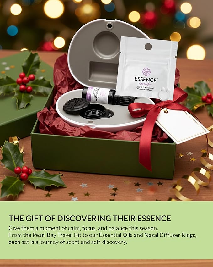 Essence Pearl Travel Case - Wearable Aromatherapy Kit with Nasal Diffuser Rings, Soaking Bay, and 5mL Essential Oil – Portable Wellness Gift Set for On?The?Go Self Care