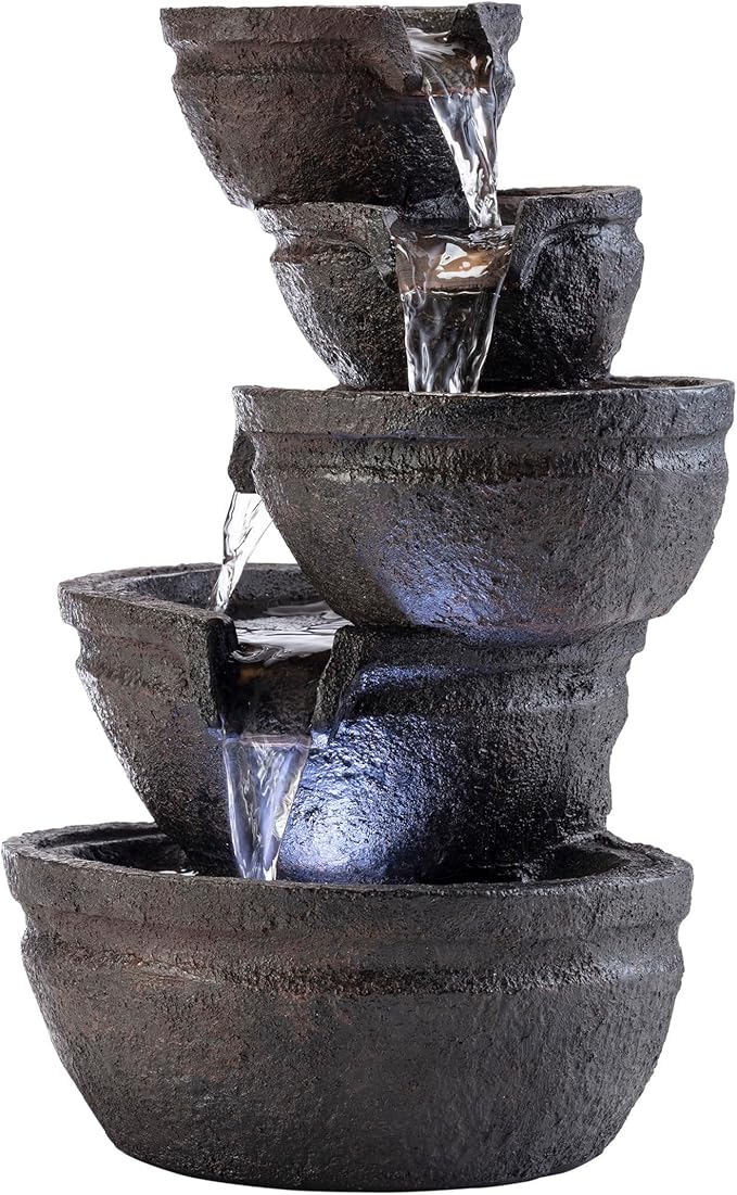 Alpine Corporation WIN1138 13" Indoor Tabletop Tiering Bowls Water Fountain with LED Lights – Cascading Water Feature for Home, Office, Meditation, and Relaxation, Dark Gray
