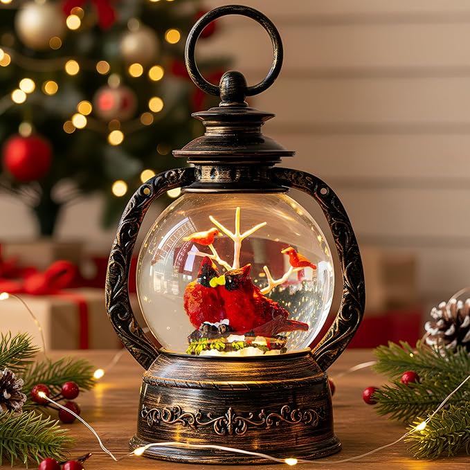 Musical Snow Globe Lantern Lighted 2 Cardinal Christmas Snow Water Lantern Swirling Glittering Home Decoration and Gift, Battery Operated or USB Powered