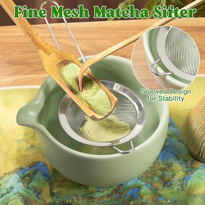 Matcha Whisk Set, 9PCS Ceramic Matcha Tea Set Includes Bowl, Whisk and Holder, Bamboo Scoop, Scoop Rest, Sifter and Tea Towel for Traditional Matcha Ceremony Matcha Lovers
