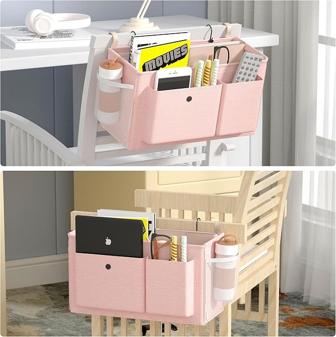 Bedside Caddy Bedside Organizer with Fixed Straps & Water Bottle Holder, Bunk Bed Caddy ideal for Home, Dorm, Hospital, Crib, Versatile Bedside Storage Solution (Pink 2pcs)