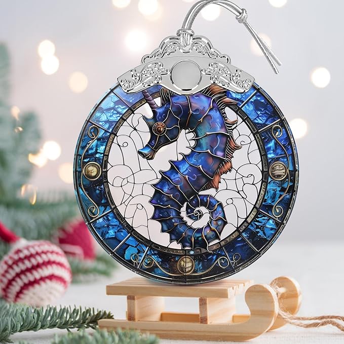 Sea Horse Stained Glass Orament - Christmas Ornament - Christmas Decorations for Tree - Holiday Present ldeas - Gift Exchange
