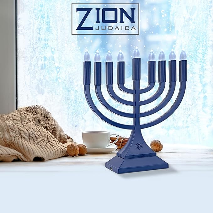 Zion Judaica 9" LED Hanukkah Menorah Blue Powered by Batteries or Included 3' USB C Cable Flameless Chanukkah Candles Holder LED Electric Minorah Bulbs Chanukah Decoration Lights Hanukkiah