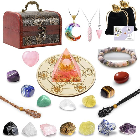 28 Pcs Healing Crystals and Stones, Chakra Crystal Set, 7 Chakra Stones Crystals Kit Pyramid Natural Real Raw Selenite Reiki Mditation for Beginners with Wooden Box, Crystal Gifts for Women