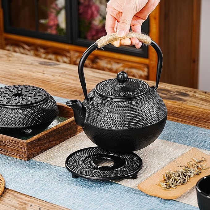 Sungmor Black Cast Iron Teapot Trivet - Heat-Resistant Japanese Tea Pot Stand, Textured Anti-Slip Base for Table and Counter Protection