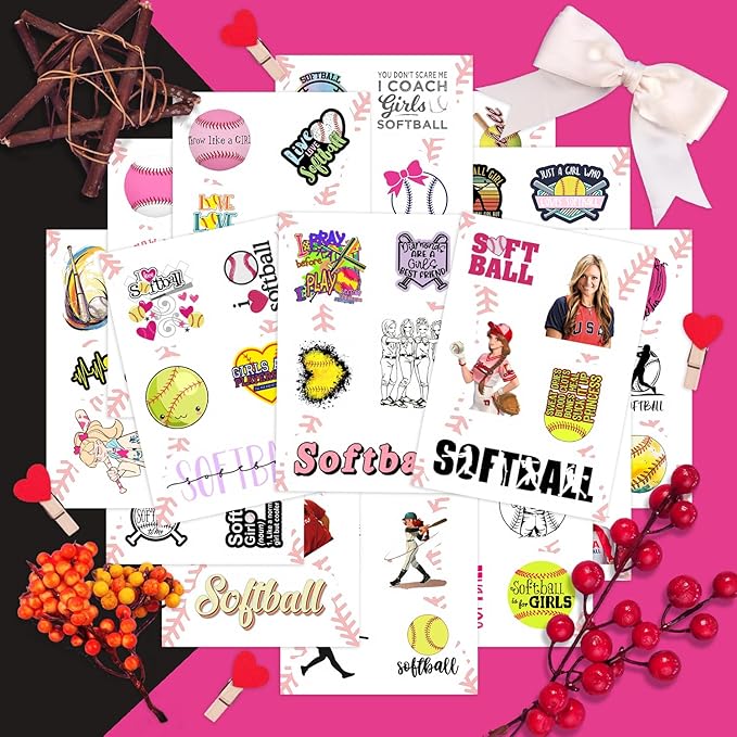 BulbaCraft 100Pcs Softball Stickers for Girls for Water Bottle and Laptop - Softball Party Favors & Decorations, Waterproof Vinyl Decals, Sports and Athlete Stickers, Gifts for Women & Men