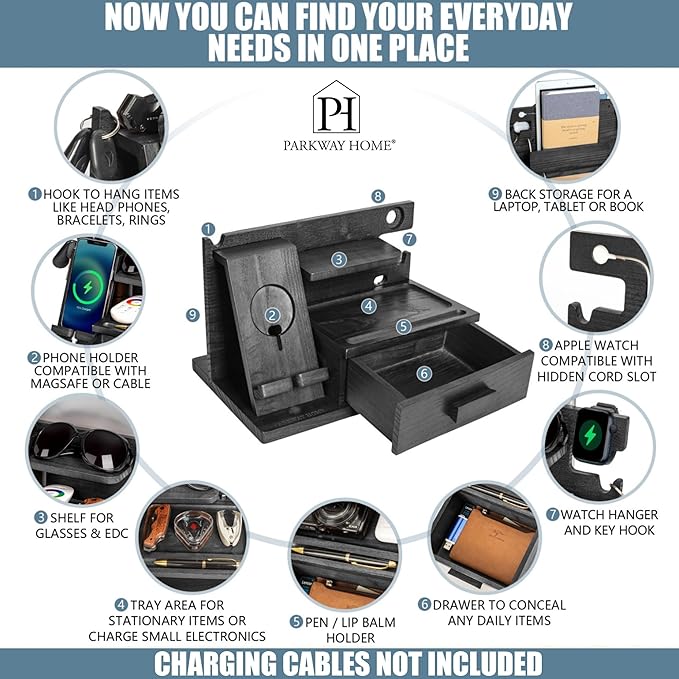 Black Wood Phone Docking Station with Drawer, Compatible with Apple Watch - Wood Charging Station Organizer Stand, Bedside Nightstand Organizer for Men, Holds, Tablet, Glasses, Keys, EDC