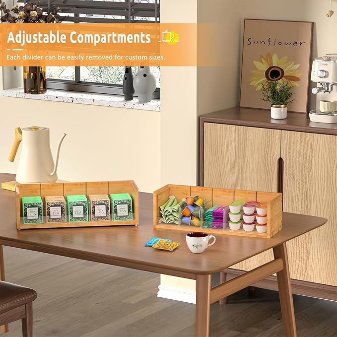 X-cosrack Bamboo Tea Bag Organizer Storage Box, 2-Tier Stackable Tea Box for Countertop, Wall Mount Tea Bag Holder, Tea Storage Chest Natural Wood for Office Kitchen Cabinet Pantry