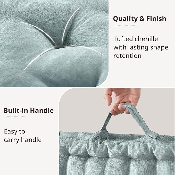 Intelligent Design Large Floor Pillow for Adults Yoga or Meditation Cushion with Handle, Floor Cushion for Board Games, Lustrous Chenille Tufted, Handsewn Scalloped Edge, Azza, 24" x 24" x 5" Aqua