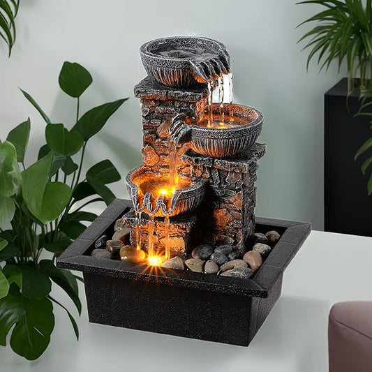 Kalona Tabletop Fountain 3 Bowls with LED Light Soothing Water Flowing Sound Fountain Zen/Meditation Home/Office Decor Home Décor Relaxation Indoor (23113)