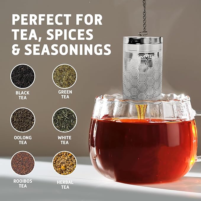 Sou Zen Tea Infuser (2 Pack & Teaspoon Scoop) | Extra Fine Hex Mesh Loose Leaf Tea Strainers | 304 Stainless Steel Tea Steeper with Extended Chain Hook | Perfect for Brewing Loose Tea, Herbs & Spices