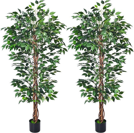 Artificial Ficus Tree 5FT Faux Silk Plants with Sturdy Plastic Nursery Pot,Fake Ficus Trees for Home Office Farmhouse Indoor Outdoor Decor Perfect Housewarming Gift (5FT-2Packs)