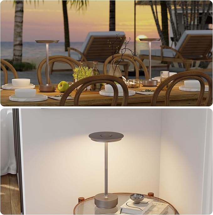 Rechargeable Table Lamps Cordless, Portable 5000mAh Outdoor Table Light, 3 Color Stepless Dimming LED Table Lamp with Memory Function, for Home/Dinner/Patio/Restaurant.(Champagne Gold)