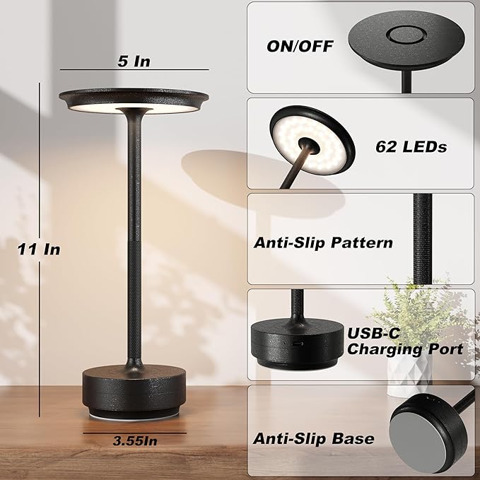 2 Pack Rechargeable Table Lamps Cordless, Portable 5000mAh Outdoor Table Light, 3 Color Stepless Dimming LED Table Lamp with Memory Function, for Home/Dinner/Patio/Restaurant.(Diamond Black)