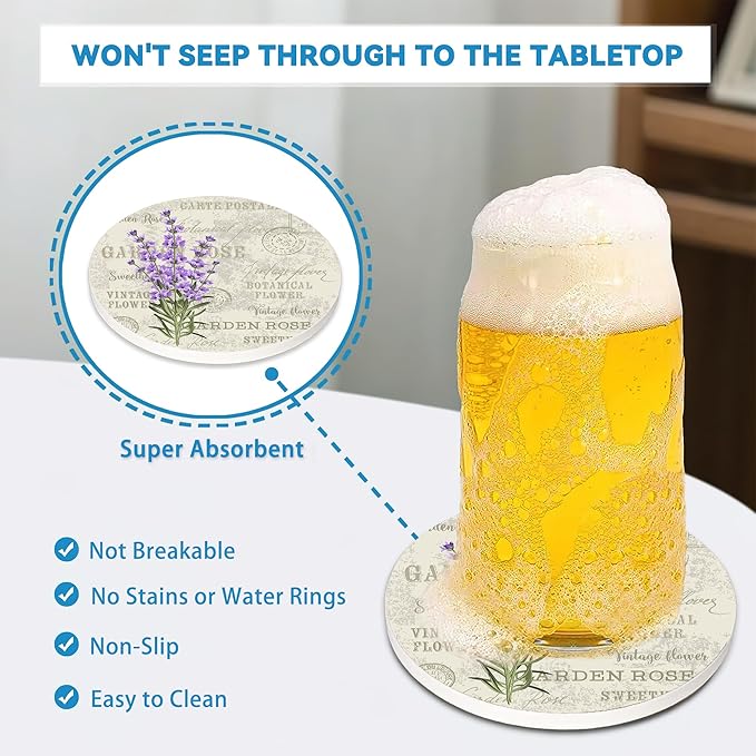 Vintage Lavender Flowers Round 4" Cup Coasters Set of 4, Absorbent Ceramic Stone Coasters with Cork Base, Ideal Home Decor Gifts for Women Men