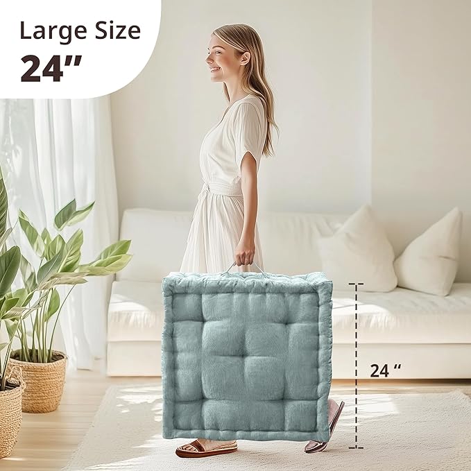Intelligent Design Large Floor Pillow for Adults Yoga or Meditation Cushion with Handle, Floor Cushion for Board Games, Lustrous Chenille Tufted, Handsewn Scalloped Edge, Azza, 24" x 24" x 5" Aqua