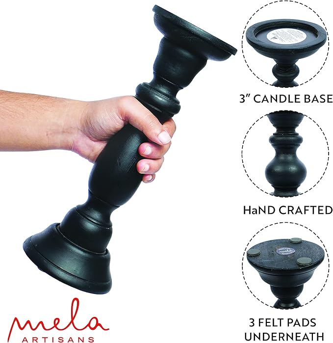 Mela Artisans Matte Black Hand Carved Wooden Pillar Candle Holders - Set of 3 | Tuli Decorative Style | Crafted from Mango Wood | Rustic Table Centerpiece Decor | Sized 6", 9" and 12"
