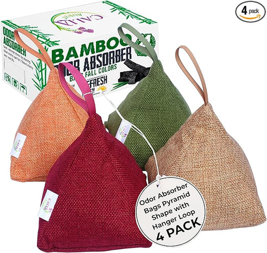 4 Pack Bamboo Charcoal Air Purifier Bags 200 Grams Each - Odor Absorber & Eliminator for Home, Car, Pets, Activated Charcoal Natural Freshener, Eco-Friendly & Reusable (Fall Colors)