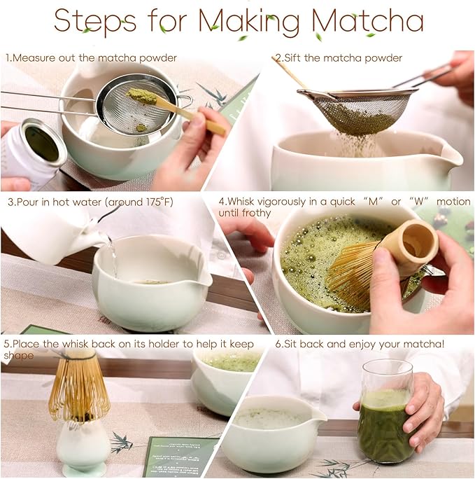 Matcha Whisk Set, Ceramic Matcha Set Includes Bowl & Holder, Bamboo Whisk (Chasen), Scoop, Spoon and Sifter, 6PCS Matcha Kit Covers Everything Needed for Making Matcha (Green)