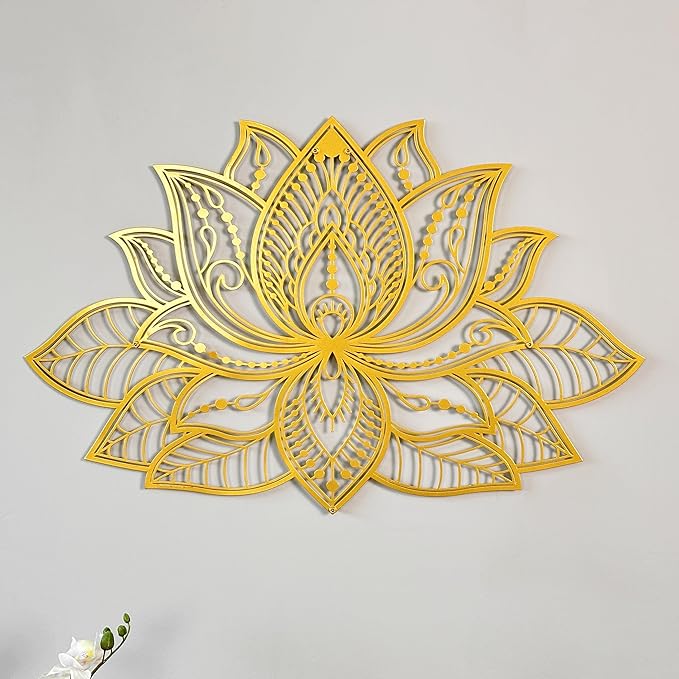 Colorfull Worlds Mandala Metal Wall Decor, Lotus Flower Meditation Room Decor, Minimalist Zen Garden Bohemian Gift for New Year (36" x 23" | 91 x 59 cm, Gold)
