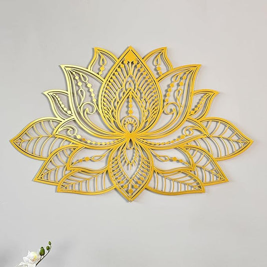 Colorfull Worlds Mandala Metal Wall Decor, Lotus Flower Meditation Room Decor, Minimalist Zen Garden Bohemian Gift for New Year (17" x 11" | 43 x 27.5 cm, Gold)