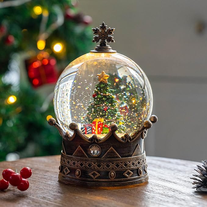 Snow Globe Lighted Christmas Decorations, Christmas Tree Musical Crown Snow Globe with Swirling Glitter, Christmas Holiday Party Gifts and Decorations