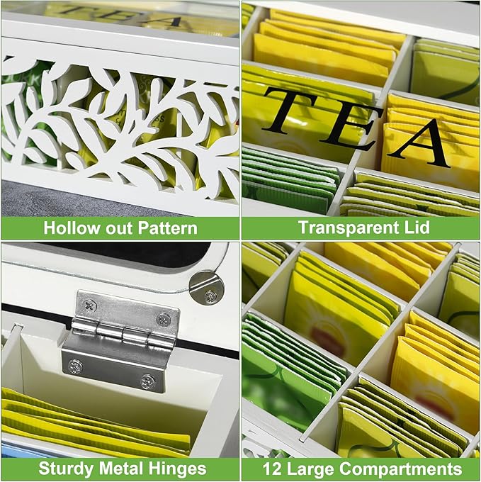 handrong Tea Box Organizer,Wood Tea Organizers and Storage,12 Compartments Teas Bag Organizers,Teas Bag Holder Organizer,Wooden Storage Box for Countertop Kitchen Cabinet Pantry