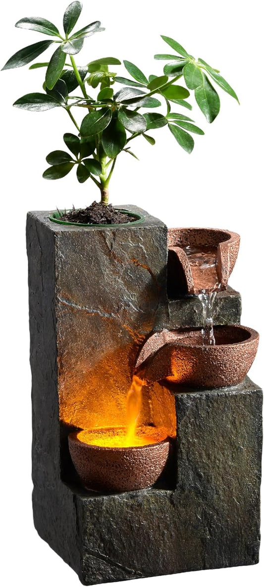 Tabletop Indoor Water Fountain – 3-Tier Rock Waterfall Fountain with Warm LED Light and DIY Planting Pot – Relaxing Small Water Feature for Desk or Home Decor (23061)