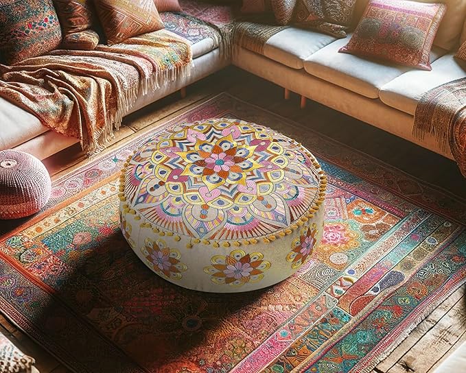 Modern Round Floor Cushion Cover Flower Room Décor Boho Furniture Round Floor Pillow Pouf Footstool Boho Chic Siting Area Stool Cushion Case Luxury Kids Room Décor Cotton 24x8 Unstuffed