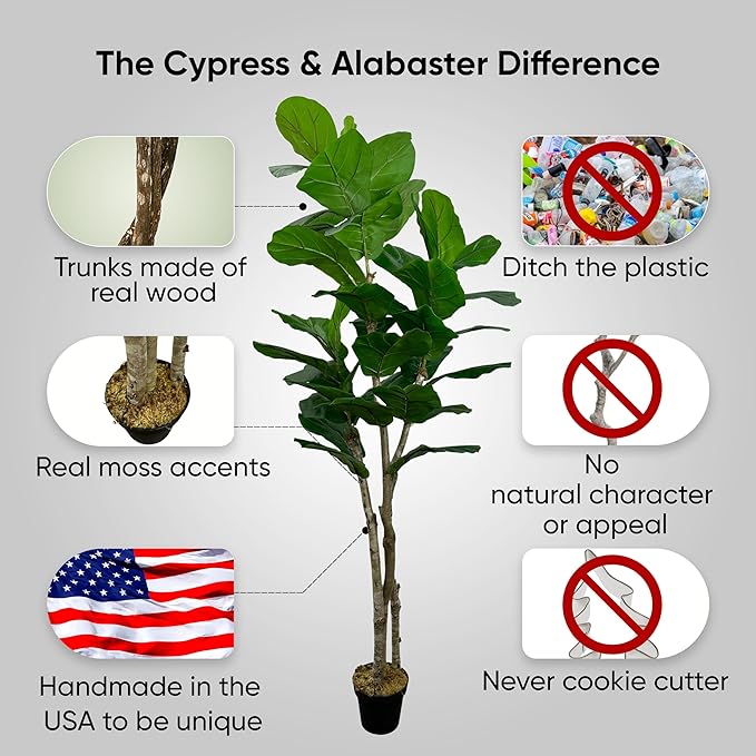 Cypress & Alabaster Handmade 7ft Oversized Fiddle Leaf Fig Ficus Lyrata Artificial Tree with Ethically Sourced Real Wood Trunks, Hypoallergenic, 7-Foot, Green
