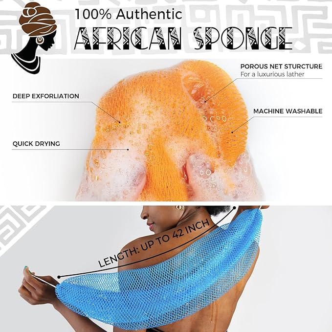 African Net Sponge Authentic - 2 Pieces Exfoliating Body Scrubber Bath Sponge Babyblue&Orange - Back Scrubber Washcloth for Shower - Real African Scrub Exfoliator Body Care Bathing Accessories