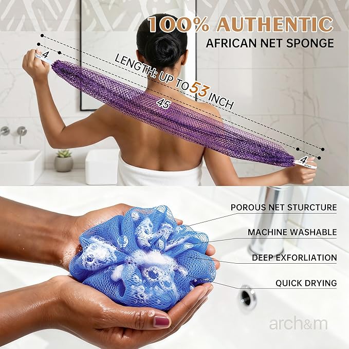 African Net Sponge Authentic Exfoliating - Authentic African Bath Sponges with Knots Exfoliating Body Scrubber for Women Back Scrub Exfoliator for Shower Bathroom Accessories Purple + Champagne ARCH&M