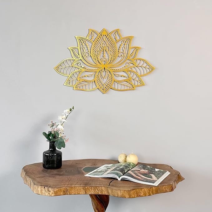 Colorfull Worlds Mandala Metal Wall Decor, Lotus Flower Meditation Room Decor, Minimalist Zen Garden Bohemian Gift for New Year (17" x 11" | 43 x 27.5 cm, Gold)