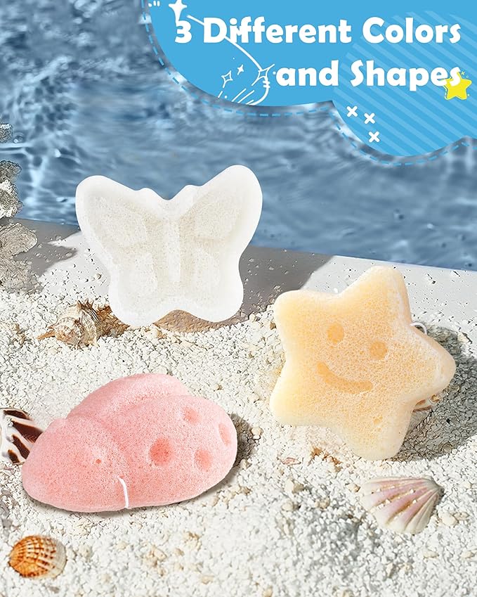 MoHern Konjac Baby Sponge for Bathing, 3Pcs Natural Cute Shapes, Kids Bath sponges for Infants, Toddler Bath time, Plant-Based, Extra Soft