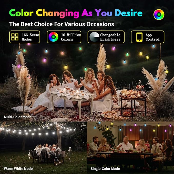 50ft Outdoor String Lights Color Changing - Patio Lights Outdoor Waterproof with 20 Dimmable RGBW Bulbs, Shatterproof, Music Mode, Connectable, Remote & App Control for Halloween, Christmas