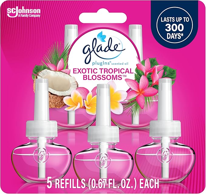 Glade PlugIns Refills Air Freshener, Scented and Essential Oils for Home and Bathroom, Exotic Tropical Blossoms, 3.35 Fl Oz, 5 Count