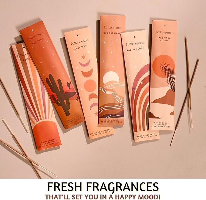 Folkulture Incense Sticks | Set of 6 (120 Sticks) Non Toxic Palo Santo Insence-Sticks | 45 Mins Burn Time | Sandalwood Incenses, Lemongrass, Rose Geranium | Organic Inscents-Sticks for Home